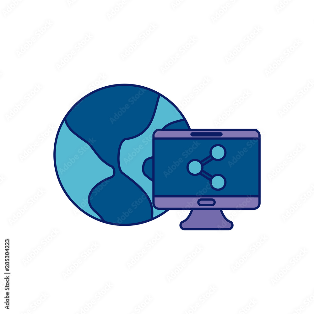 Poster world planet with desktop computer with share symbol