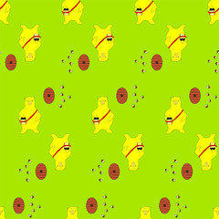 bear with bees and hive on grenn seamless pattern