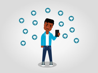 A sad young African American looking at his mobile phone, surrounded by the thumbs down signs. Dislikes on the internet. Hate speech concept.Vector illustration, flat style, clip art. 