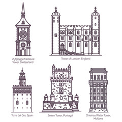 Medieval towers in thin line of Europe. Building