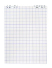 Spiral notepad with squared paper isolated on white.