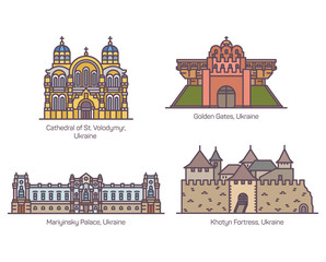 Set of isolated Ukrainian famous landmarks in line