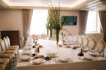 Table in the restaurant. Served and decorated table