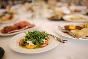 Fresh salad in restaurant on the table. Banquet concapt. Different salads with tomato, arugula, chicken, avocado, parmesan, shrimp