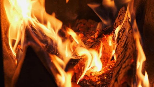 Fire flames, burn wood in fireplace. Close up.