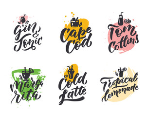 Hand drawn lettering and clipart icons for party and menu bar "Cocktail party". Typography poster EPS 10.