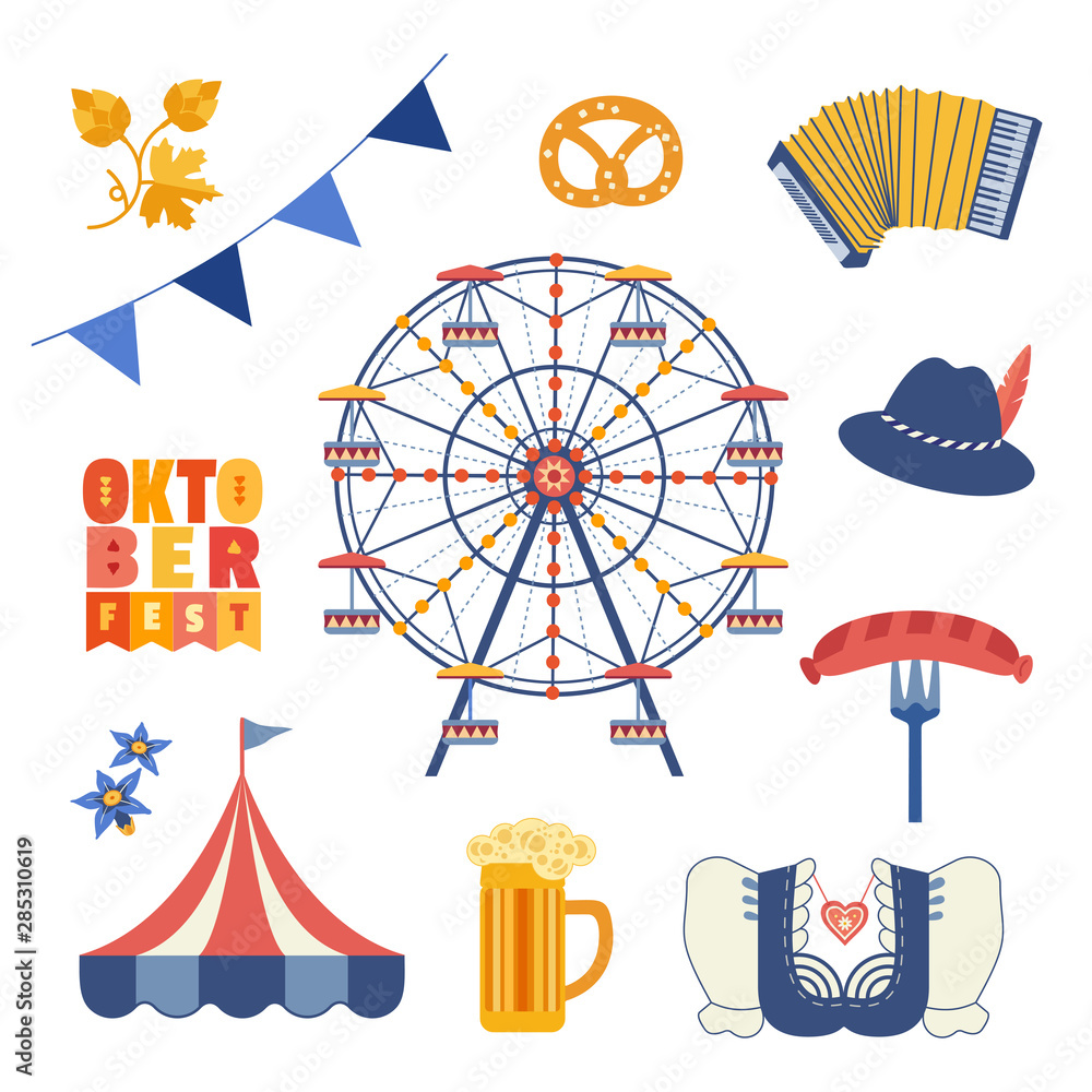 Wall mural Oktoberfest hand drawn flat color vector icons set