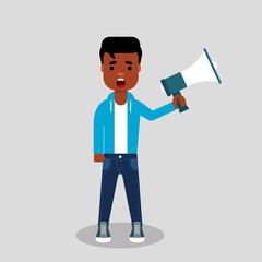 Young African american in jeans and sweatshirt protests with a megaphone in his hand. Human rights, fight for freedom, riot, concept. Stock Vector illustration, flat style.