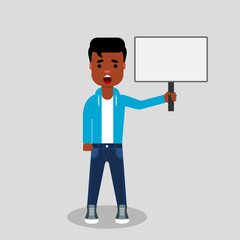 Young African American protests with a sign in his hand. Social issues concept. Resistance, politics, demonstrations, concept. Stock Vector illustration, flat style, clip art.