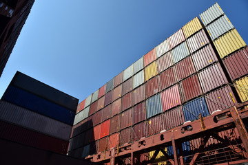 Fototapeta premium Containers with cargo loaded on the container ship. 