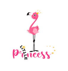 Pink little flamingo. Little Princess. Lettering. Emblem. Baby flamingo. Design for children's t-shirts, textiles, gifts, holiday parties.	