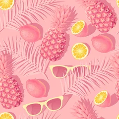 Behang Ananas Bloemen en exotisch fruit vector naadloos patroon