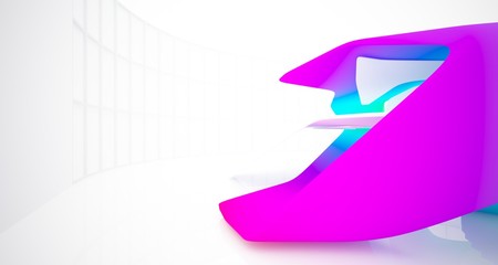 Abstract smooth architectural white interior with color gradient of a minimalist house with large windows.. 3D illustration and rendering.