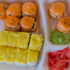 the sushi on the table in the delivery package selectiv focus