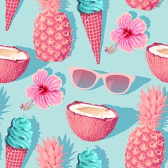 Flowers and exotic fruits vector seamless pattern - 285314283