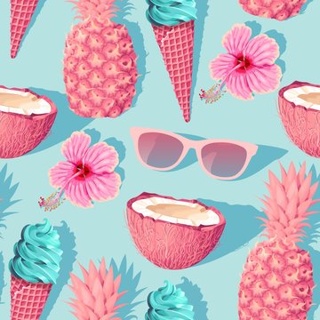 Flowers and exotic fruits vector seamless pattern