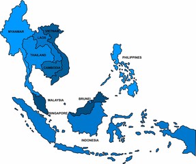 Blue outline South East Asia map on white background. Vector illustration.
