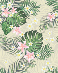 Fototapeta na wymiar Exotic green seamless vector pattern with palm, banana and hibiscus flowers. Summer botanical backgrioud. Trendy summer print.