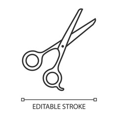 Scissors linear icon. Haircutting shears. Cutting instrument with finger brace, tang. Hairstylist accessory. Thin line illustration. Contour symbol. Vector isolated outline drawing. Editable stroke