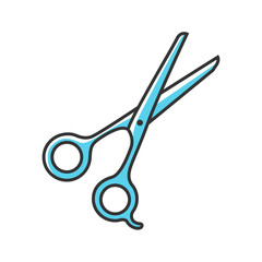 Scissors color icon. Haircutting shears. Cutting instrument with finger brace, tang. Hairdressing instrument. Professional hairstyling. Hairstylist accessory. Isolated vector illustration