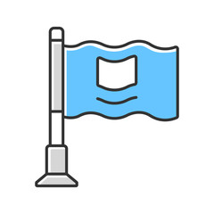 Small waving flag on metal flagpole color icon. Rectangular pennant isolated vector illustration. National symbol, corporate identity, company insignia. GPS navigation mark, location marker