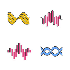 Obraz premium Sound waves color icons set. Audio waves. Sound, voice recording. Music rhythm logotype. Soundwave, digital waveform frequency. Dj track playing, party, disco equalizer. Isolated vector illustrations