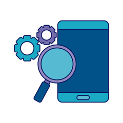 smartphone with magnifying glass and gears