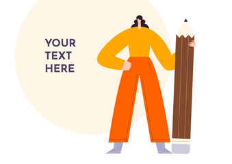 Woman modern character and big pencil. Office work, communication in social networks. Text background. Flat vector illustration.