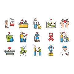 Volunteering color icons set. Reliance on volunteers in problem solving. Social activity. Voluntary cooperation of individuals. Volunteerism. Community service help. Isolated vector illustrations