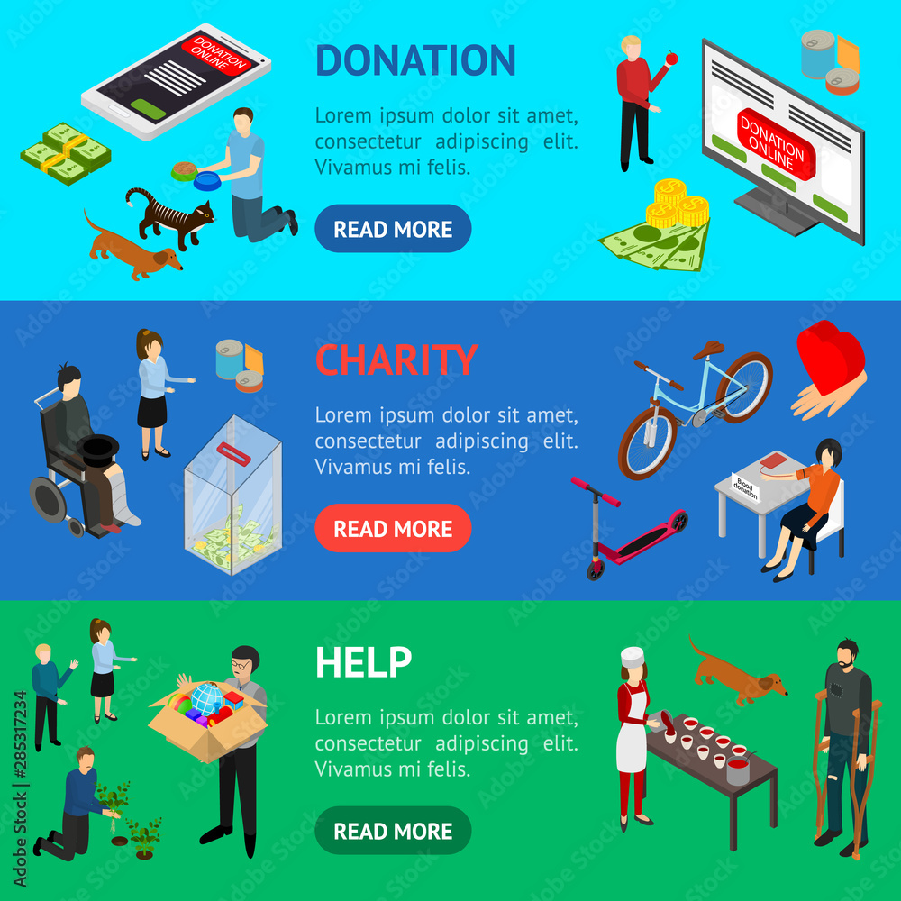 Canvas Prints Charity Donation Funding Banner Horizontal Set 3d Isometric View. Vector