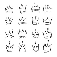 Hand drawn crowns logo set for queen icon, princess diadem symbol, doodle illustration, pop art element, beauty and fashion shopping concept