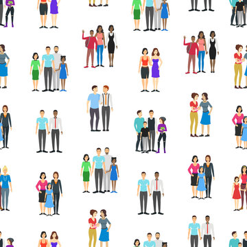 Cartoon Characters Different Homosexual Couples Families Seamless Pattern Background. Vector