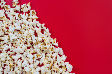 Top above high angle overhead closeup view photo of tasty delicious yummy popcorn with copy space place for design isolated over bright color background