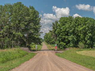 Rural rail road crossing at an unpaved dirt road with trees and blue sky and white clouds on a...