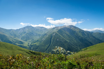 Fototapeta premium Svaneti landscape with glacier and snow-capped mountain in the back near Mestia village in Svaneti region, Georgia.