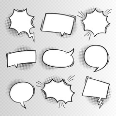 Super set hand drawn blank comic speech bubbles background in retro style. Talk chat retro speak message. Empty white blank comment