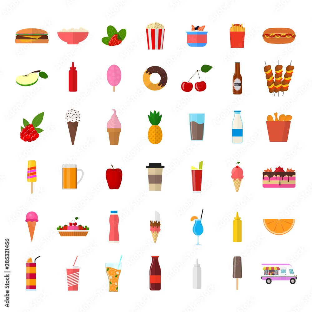 Poster Cartoon Color Wagon Track Summer Food Icon Set. Vector