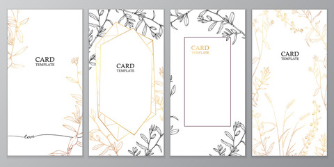 Floral vector card set, invitation and greeting cards. Hand drawn gold and black line herb pattern on white background