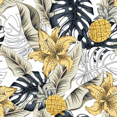 Tropische gele lelie bloemen, ananas, monstera palmbladeren, witte achtergrond. Vector naadloos patroon. Jungle gebladerte illustratie. Exotische planten. Zomer strand bloemmotief. Paradijs natuur