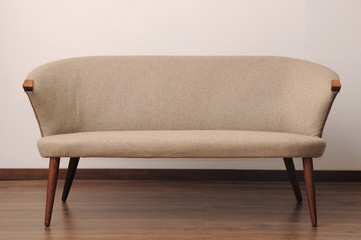 Upholstered vintage armchair, wool, grey fabric, old style, danisch design, denmark