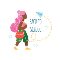 Back to school vector banner design with colorful funny girl. Lettering on the background. Vector isolatyed illustration.
