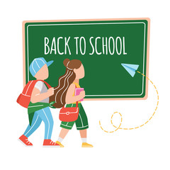 Back to school vector banner design with colorful couple of teenagers, education items. Vector isolated illustration.