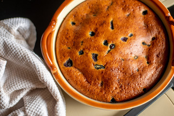 Berry pie close-up. Berry pie in a baking dish.