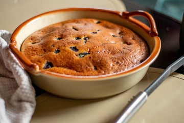 Culinary background. Berry cake in a baking dish.