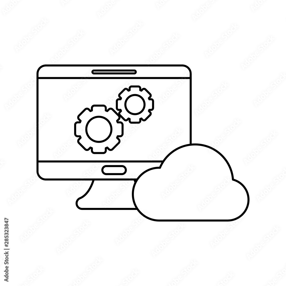 Poster desktop computer with gears and cloud computing