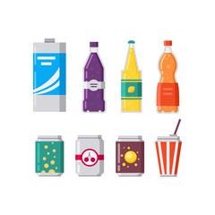 Set of soda drinks and juice in plastic and aluminum packaging vector illustration.