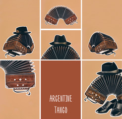 Bandoneon, tango instrument. Retro Argentine tango collage in magazine style