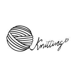 Illustration of yarn ball, lettering words. For crocheting and knitting print, icons, website, logo, tag, label, creative design. Love knitting. Knitting hearts. Isolated objects on white.