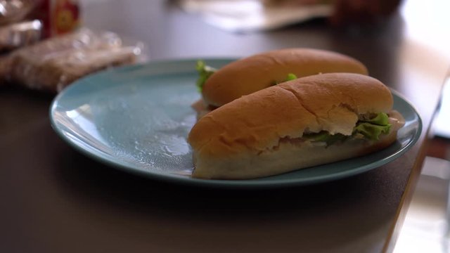 Fresh sandwiches lie in an aquamarine plate on a gray table. Girl packs in foil for removal from home. Homemade Fast Food