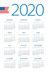 Calendar 2020 - illustration. American version. Week starts on Sunday
